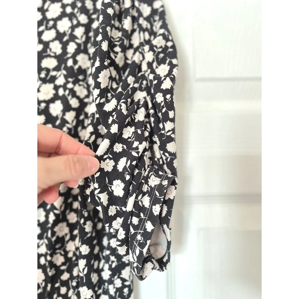 Free People Black‎ White Floral Puff Sleeve Open Back Midi Dress Size S